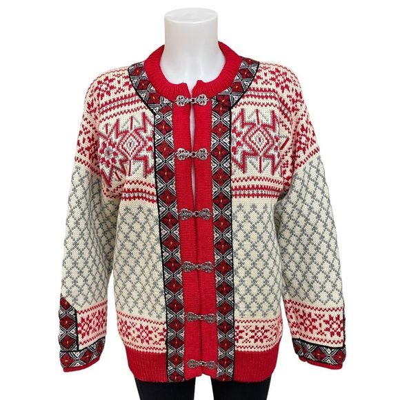 DALE OF NORWAY Vintage Pure New Wool Fair Isle Snow Flake Cardigan Sweater sz M - Picture 1 of 10